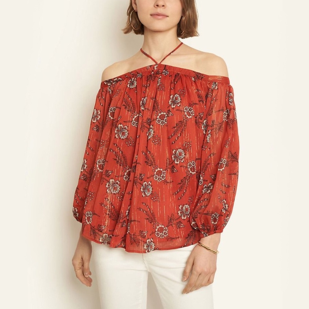 Ann Taylor Floral Off The Shoulder Halter Top In Light Redwood